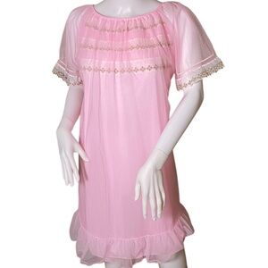 Vintage 1950s Baby Doll Pink Chiffon Negligee Nightgown Dress